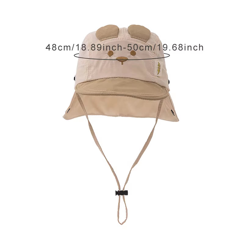 Summer Baby Hat Cartoon Bear Ear Embroidery Quick Dry Fisherman Hats for Boys Girls Neck Protection Kids Panama Hat Breathable