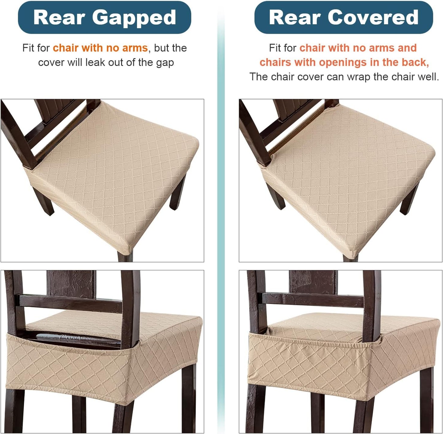 Waterproof Seat Covers for Chairs,Set of 2 Dining Room Chair Seat Covers for Kitchen,Stretch Jacquard Removable Washable Dining Chair Slipcovers Protectors,No Rear Covers, Khaki