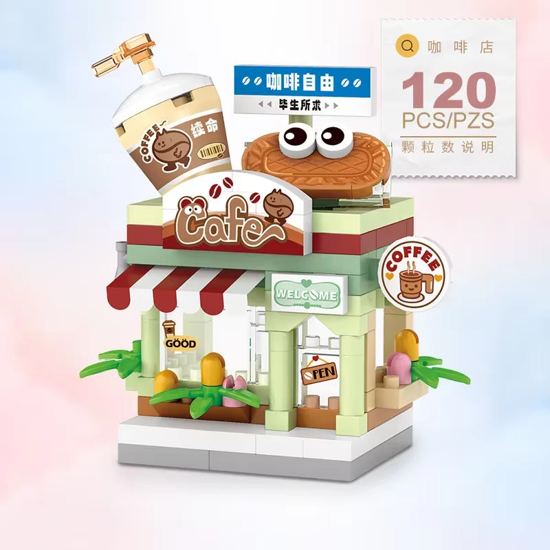 Restaurant Dessert Coffee Pet Fruit Store Street View Food House Building Blocks Kit Girls Bricks Model Kids Toy Boy Child Gifts