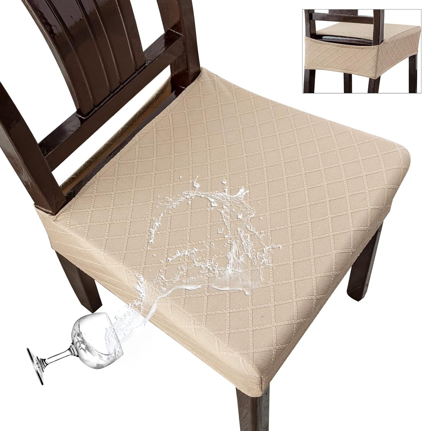 Waterproof Seat Covers for Chairs,Set of 2 Dining Room Chair Seat Covers for Kitchen,Stretch Jacquard Removable Washable Dining Chair Slipcovers Protectors,No Rear Covers, Khaki