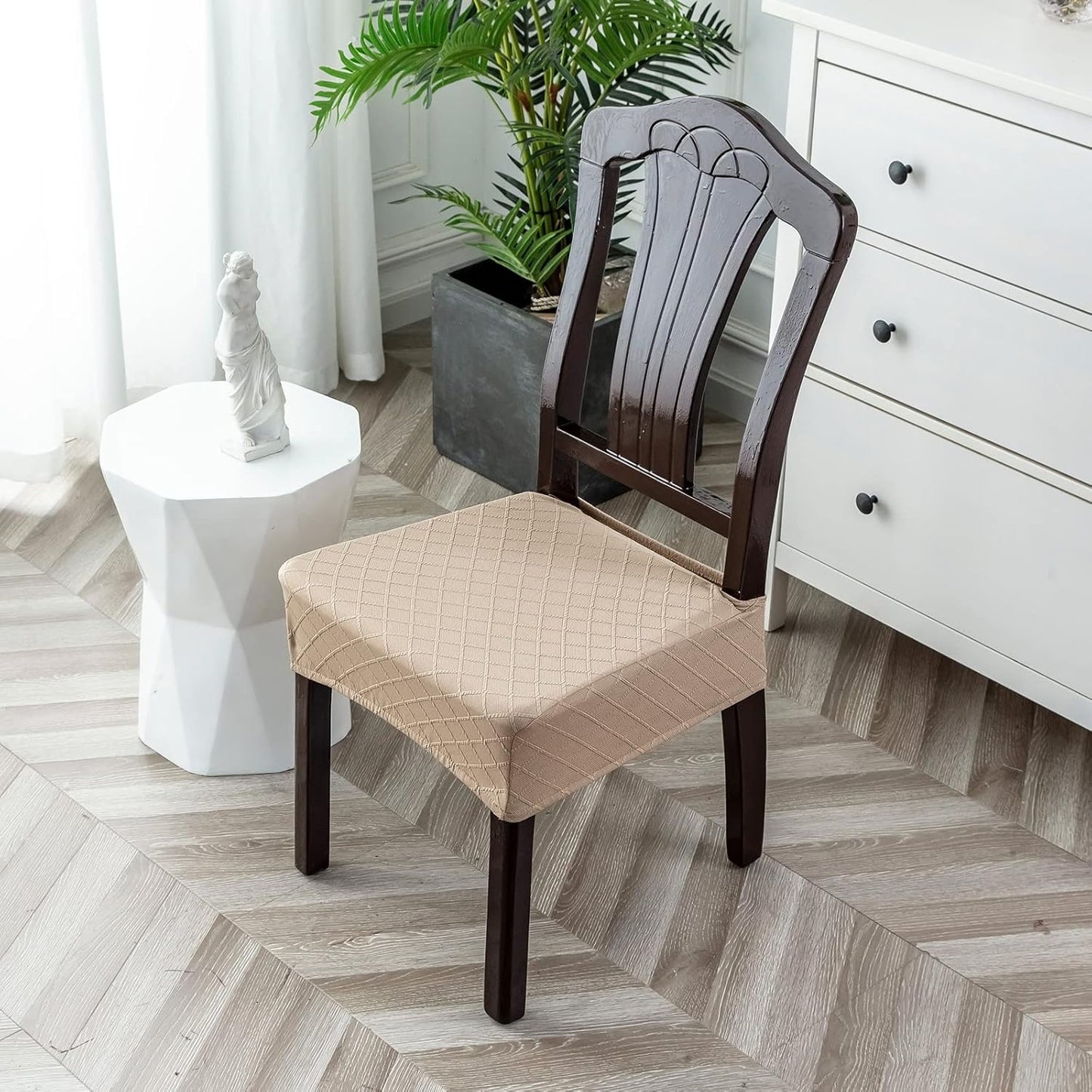 Waterproof Seat Covers for Chairs,Set of 2 Dining Room Chair Seat Covers for Kitchen,Stretch Jacquard Removable Washable Dining Chair Slipcovers Protectors,No Rear Covers, Khaki