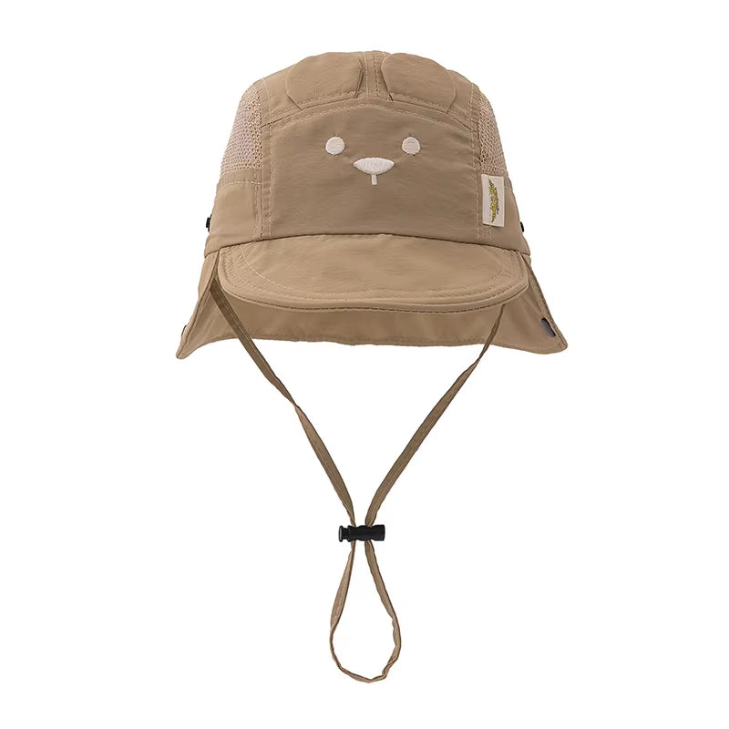 Summer Baby Hat Cartoon Bear Ear Embroidery Quick Dry Fisherman Hats for Boys Girls Neck Protection Kids Panama Hat Breathable