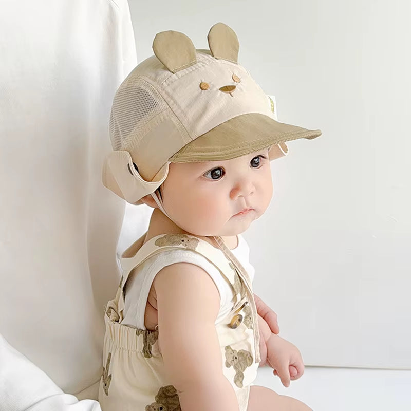 Summer Baby Hat Cartoon Bear Ear Embroidery Quick Dry Fisherman Hats for Boys Girls Neck Protection Kids Panama Hat Breathable