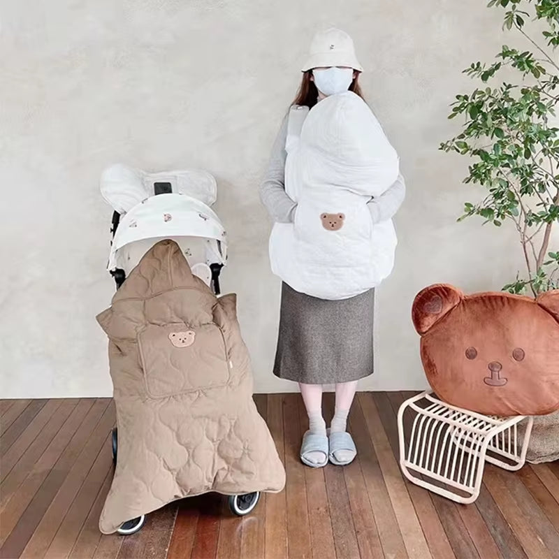 Autumn Winter Baby Stroller Blanket Cover Cartoon Bear Hooded Cloak Thicken Newborn Swaddle Wrap Windproof Infant Sleeping Quilt