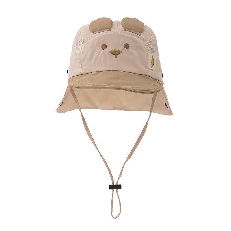 Summer Baby Hat Cartoon Bear Ear Embroidery Quick Dry Fisherman Hats for Boys Girls Neck Protection Kids Panama Hat Breathable