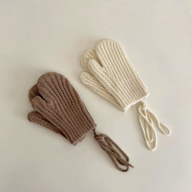 Winter Wool Children Mittens with Straps Knitted Finger Warmer Gloves for Girls Boys Solid Color Kids Accessories 4-10 Years Old
