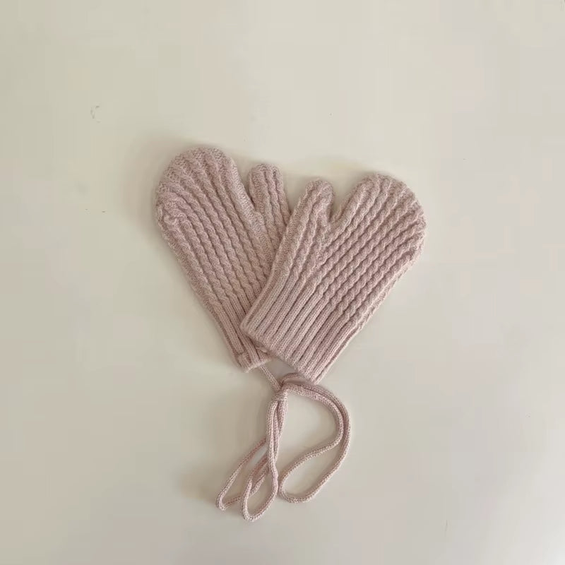 Winter Wool Children Mittens with Straps Knitted Finger Warmer Gloves for Girls Boys Solid Color Kids Accessories 4-10 Years Old