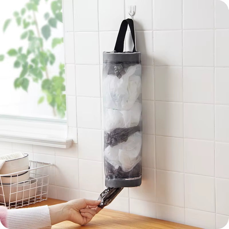 1Pc Grey Sundries Bag Storage Wall Mount Mesh Plastic Bags Dispenser Hanging Reused Storage Pouch Trash Bags Kitchen Garbage Org