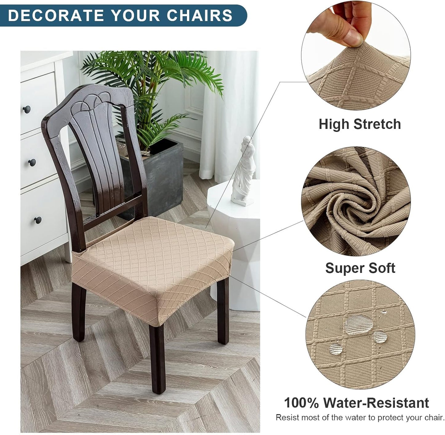 Waterproof Seat Covers for Chairs,Set of 2 Dining Room Chair Seat Covers for Kitchen,Stretch Jacquard Removable Washable Dining Chair Slipcovers Protectors,No Rear Covers, Khaki