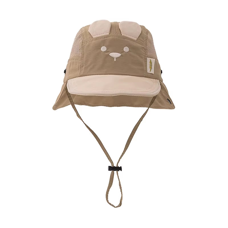 Summer Baby Hat Cartoon Bear Ear Embroidery Quick Dry Fisherman Hats for Boys Girls Neck Protection Kids Panama Hat Breathable