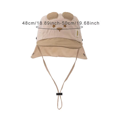 Summer Baby Hat Cartoon Bear Ear Embroidery Quick Dry Fisherman Hats for Boys Girls Neck Protection Kids Panama Hat Breathable