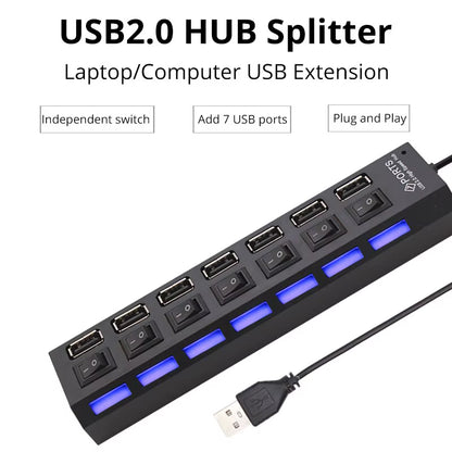 Switch Extension Hub 7-Port USB2.0 Hub Computer USB Extension Hub One Drag Seven USB2.0 Splitter PC Laptop Desktop