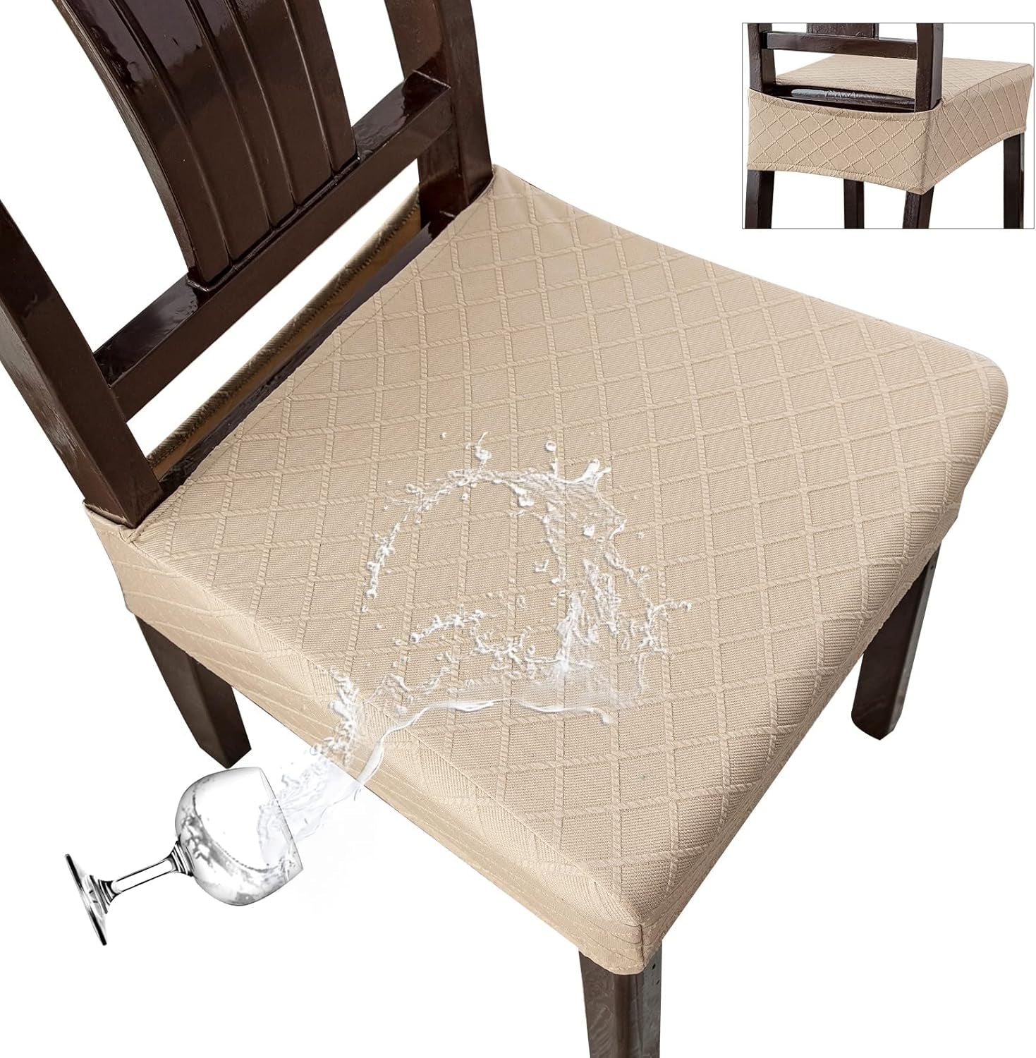 Waterproof Seat Covers for Chairs,Set of 2 Dining Room Chair Seat Covers for Kitchen,Stretch Jacquard Removable Washable Dining Chair Slipcovers Protectors,No Rear Covers, Khaki