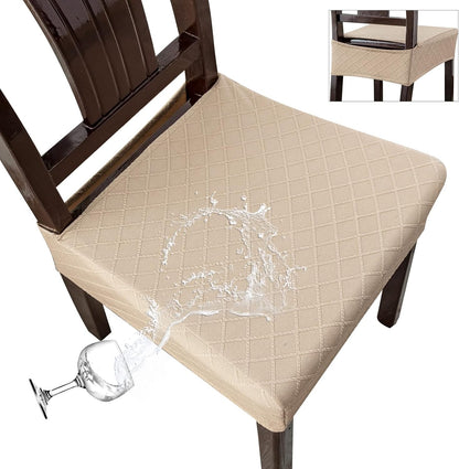 Waterproof Seat Covers for Chairs,Set of 2 Dining Room Chair Seat Covers for Kitchen,Stretch Jacquard Removable Washable Dining Chair Slipcovers Protectors,No Rear Covers, Khaki