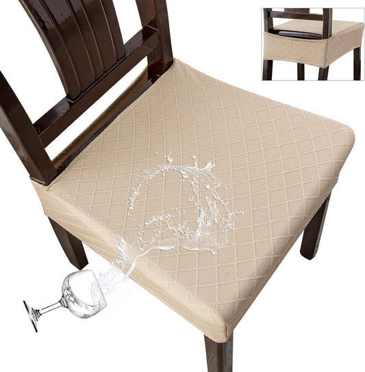 Waterproof Seat Covers for Chairs,Set of 2 Dining Room Chair Seat Covers for Kitchen,Stretch Jacquard Removable Washable Dining Chair Slipcovers Protectors,No Rear Covers, Khaki