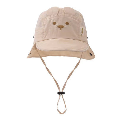 Summer Baby Hat Cartoon Bear Ear Embroidery Quick Dry Fisherman Hats for Boys Girls Neck Protection Kids Panama Hat Breathable