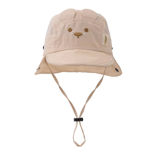 Summer Baby Hat Cartoon Bear Ear Embroidery Quick Dry Fisherman Hats for Boys Girls Neck Protection Kids Panama Hat Breathable