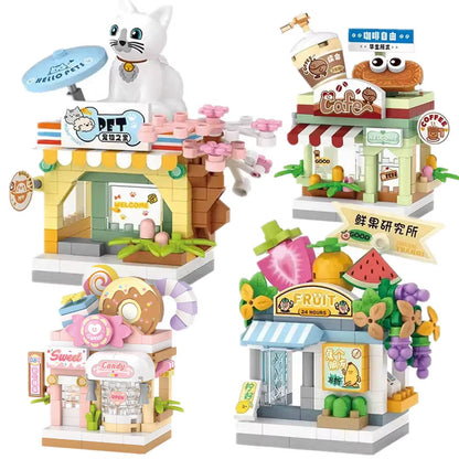 Restaurant Dessert Coffee Pet Fruit Store Street View Food House Building Blocks Kit Girls Bricks Model Kids Toy Boy Child Gifts