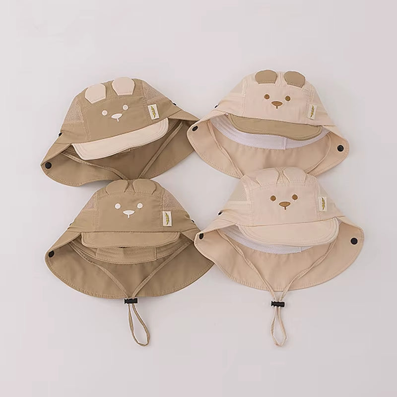 Summer Baby Hat Cartoon Bear Ear Embroidery Quick Dry Fisherman Hats for Boys Girls Neck Protection Kids Panama Hat Breathable