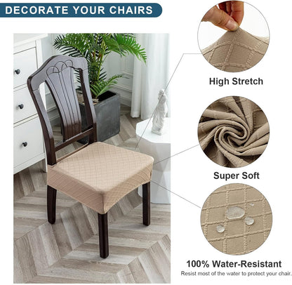 Waterproof Seat Covers for Chairs,Set of 2 Dining Room Chair Seat Covers for Kitchen,Stretch Jacquard Removable Washable Dining Chair Slipcovers Protectors,No Rear Covers, Khaki